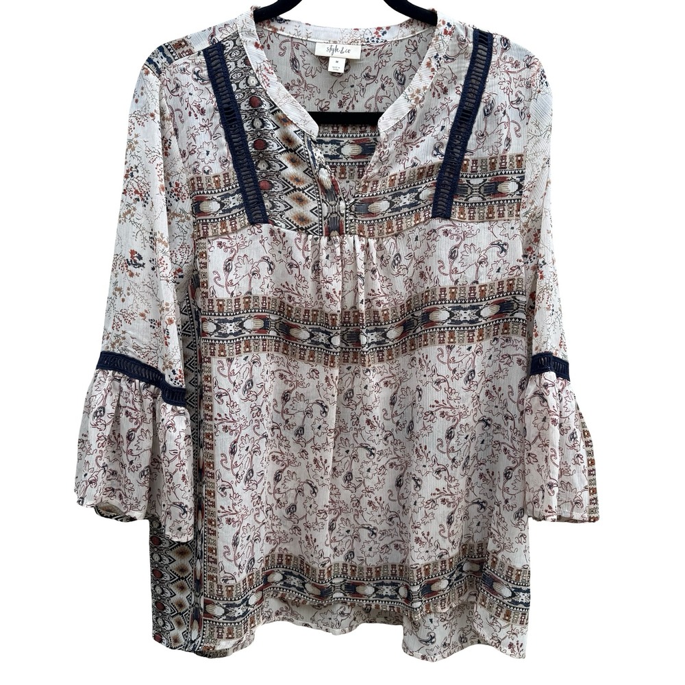 Style & Co Boho Crochet Paisley Bell Sleeve Peasant Blouse Festival Airy Women M